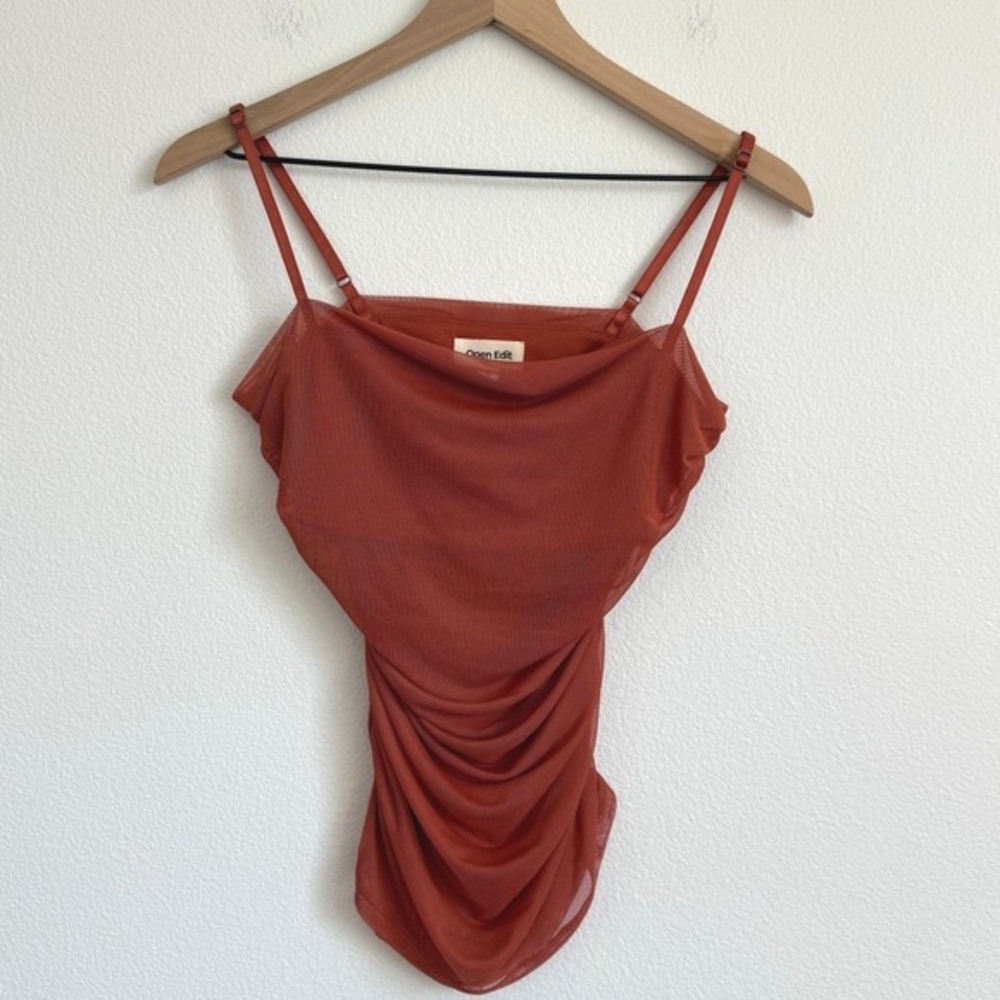 Open Edit Rust Orange Mesh Cowl Neck Camisole M Ruched Coquette Chic Party Top